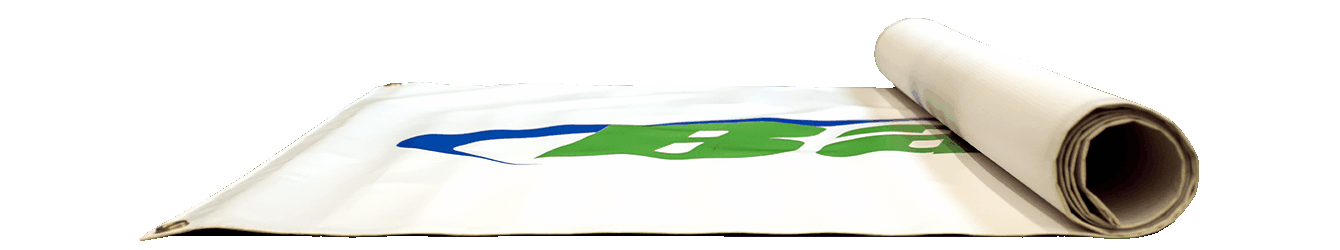 Vinyl Banner with Banners.com green and blue and white colors and logo