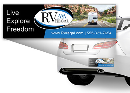 Custom Bumper Sticker with black and blue background advertising RV dealer with image of the back of a white RV driving down a road.