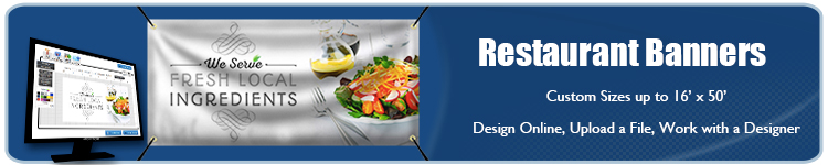 Computer screen next to gray banner with plated dinner image and text that reads fresh local ingredients. Text of image reads Restaurant Banners custom banners up to 16" x 50"